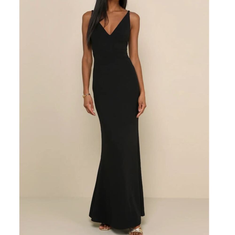 NEW Lulus Melora Black Crepe Bodycon Mermaid Sleeveless Flared Maxi Dress Medium